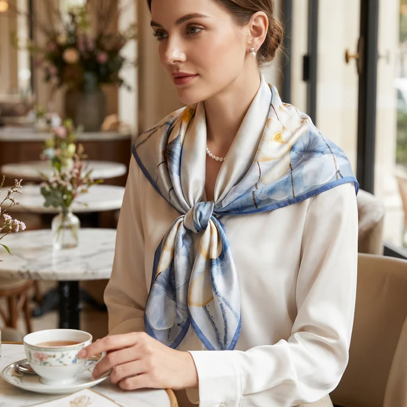 

100% Mulberry Silk Scarf 35" Square Headscarf Women’s Hair Wraps Travel Shawl (88*88cm) With Gift Packed Off-white Lotus Print