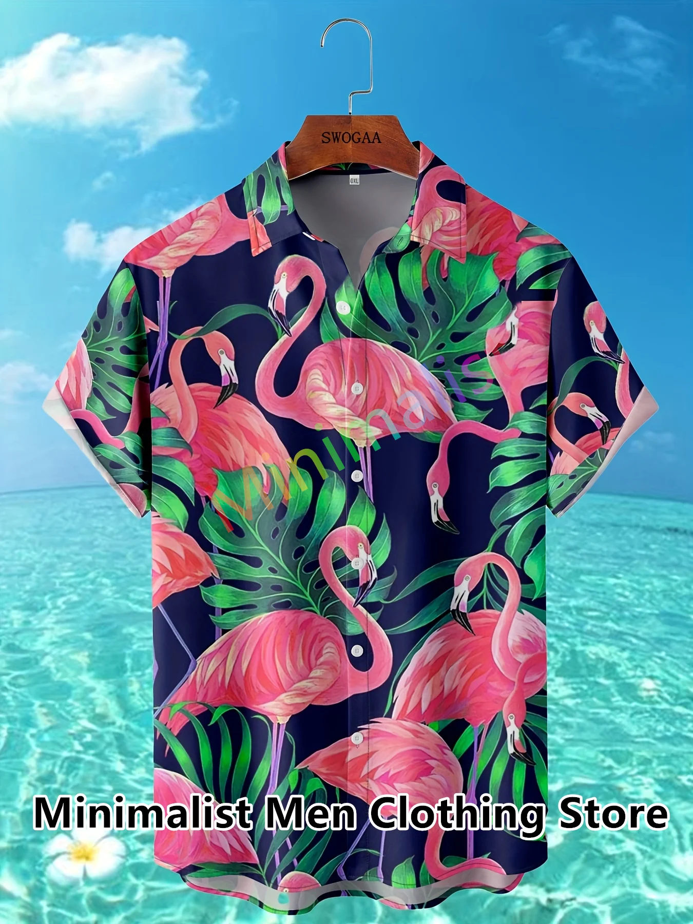 2023 Leaf and Flamingo Print Shirt For Men Hawaiian Casual Beach Short Sleeve Fashion Tops Male Blouse Summer Clothing