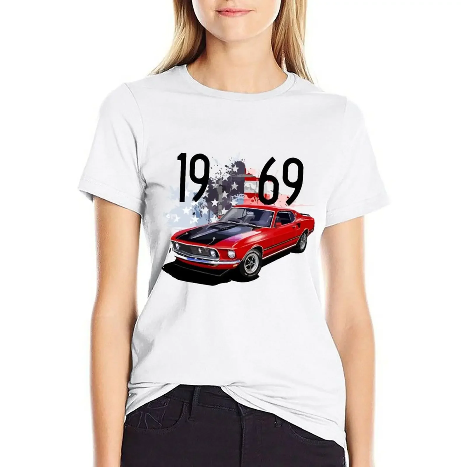 1969 Red Mustang Mach 1 American Classic Car T-shirt korean fashion Aesthetic clothing t-shirt dress for Women plus size