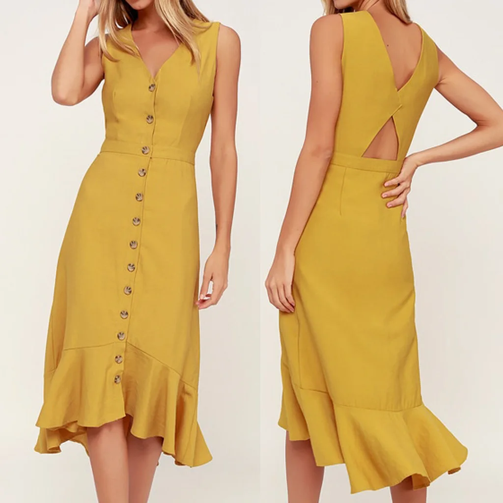 

Women's Yellow Sleeveless V Neck Button Front Cutout Back Fitted Waist Ruffled Hem Midi Dress Autumn Casual Fashion