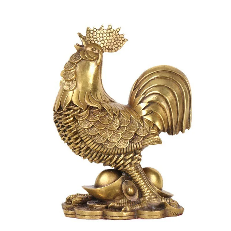 , Brass Money , Rooster with Ingot and Auspicious Symbols, Home Decorative Copper Craft Ornament
