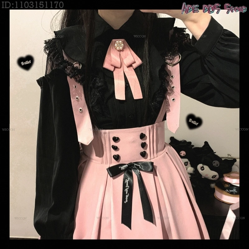 Jirai kei Girls Top Women Kawii Bow Blouse Pink Black White Blouse Long Sleeve Shirt Y2K Lolita Style Sweet Shirts for Women