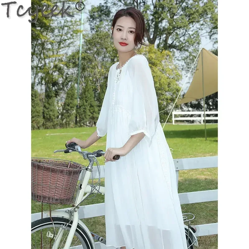 Tcyeek 100% Real Mulberry Silk Dresses 23 Summer New French Dress Women's Clothing White Midi Dresses Lady Elegant Vestido Mujer