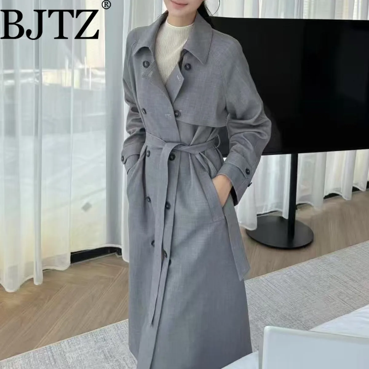 

BJTZ Office Lady Temperament Belt Waist Woman's Trench Jacket 2025 Spring Autumn New Loose Fit Solid Color Lapel Vintage Coat