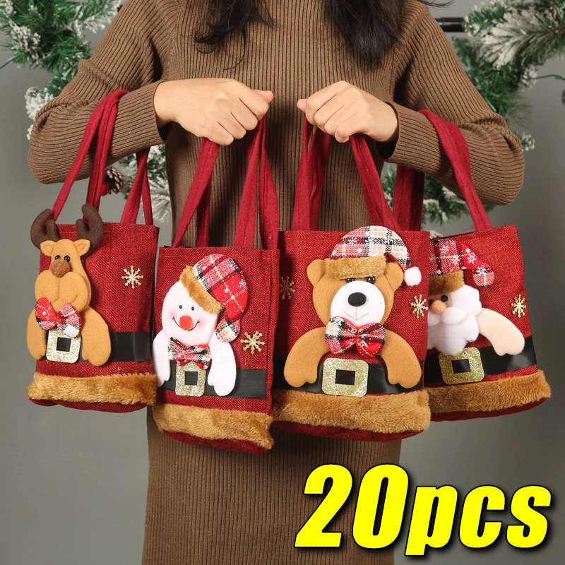 20PCS Christmas Gift Bags Handbags Tote Bags Candy Bags Snowman Bear Gift Bags Storage Bags Christmas Decoration