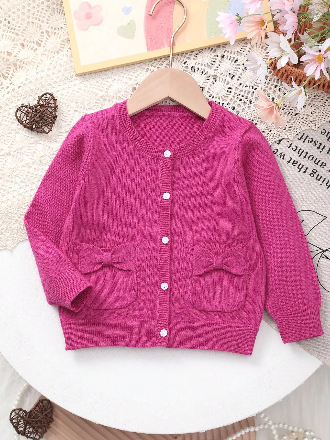 Baby Girl's Spring Thin Valentine's Day Style Gentle and Sweet Double-Pocket Cardigan with 3D Bow Design and Knitted Round Neck