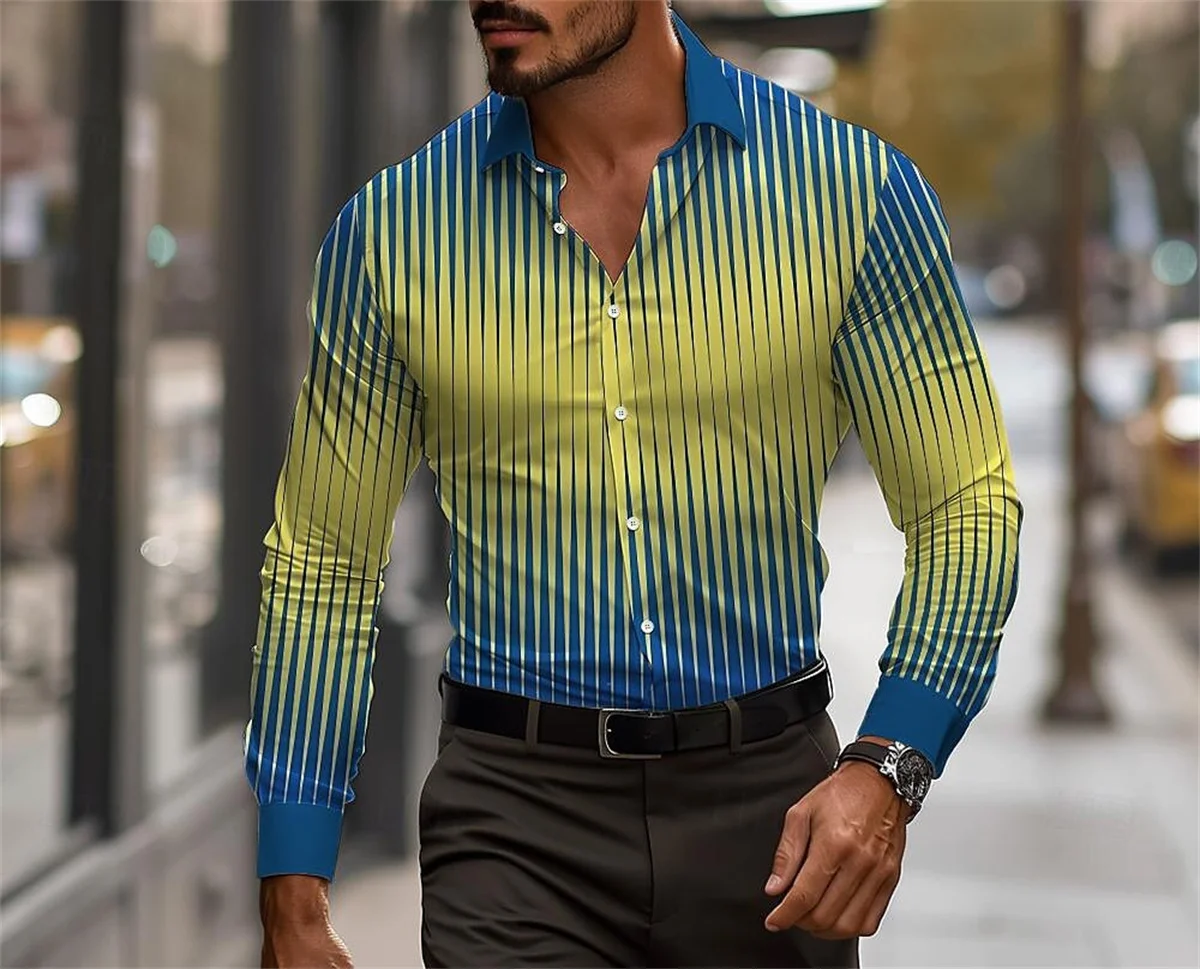 Men's Fashion Luxury Stripe 3D Printed Polo Collar Button Long sleeved Shirt Hawaii Vacation Leisure High Quality Top