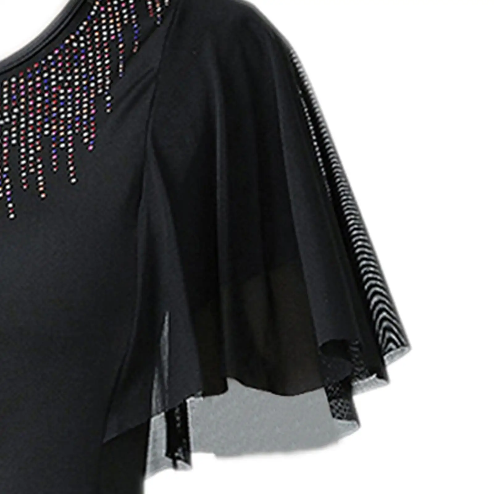 Elegant Ladies Ballroom Dance Tops Trumpet Sleeves Colorful Rhinestone Neckline