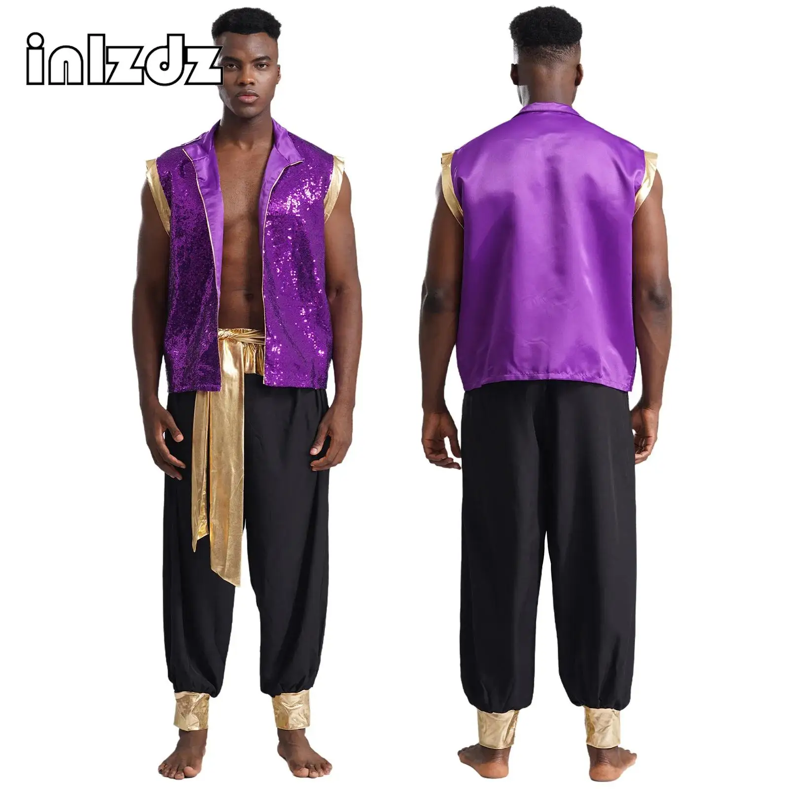 

Mens Carnival Arabian Prince Costume Sparkly Sequin Open Front Vest Waistcoat Pants Suit for Halloween Cosplay Party Performance