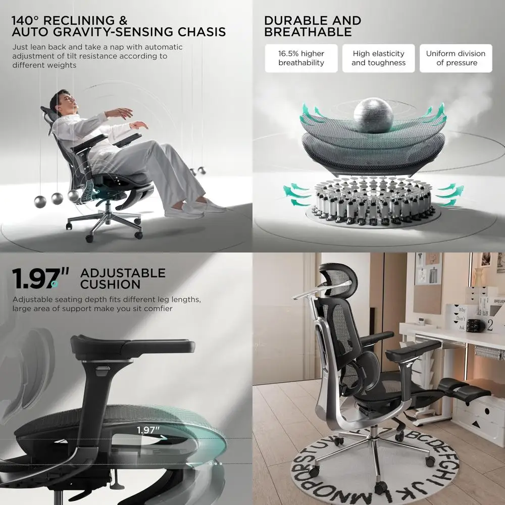 

Ergonomic Office Chair for Big & Tall, 3-Zone Lumbar Support, 4D Seat Adjustment, 6D Armrests, Swivel, Black