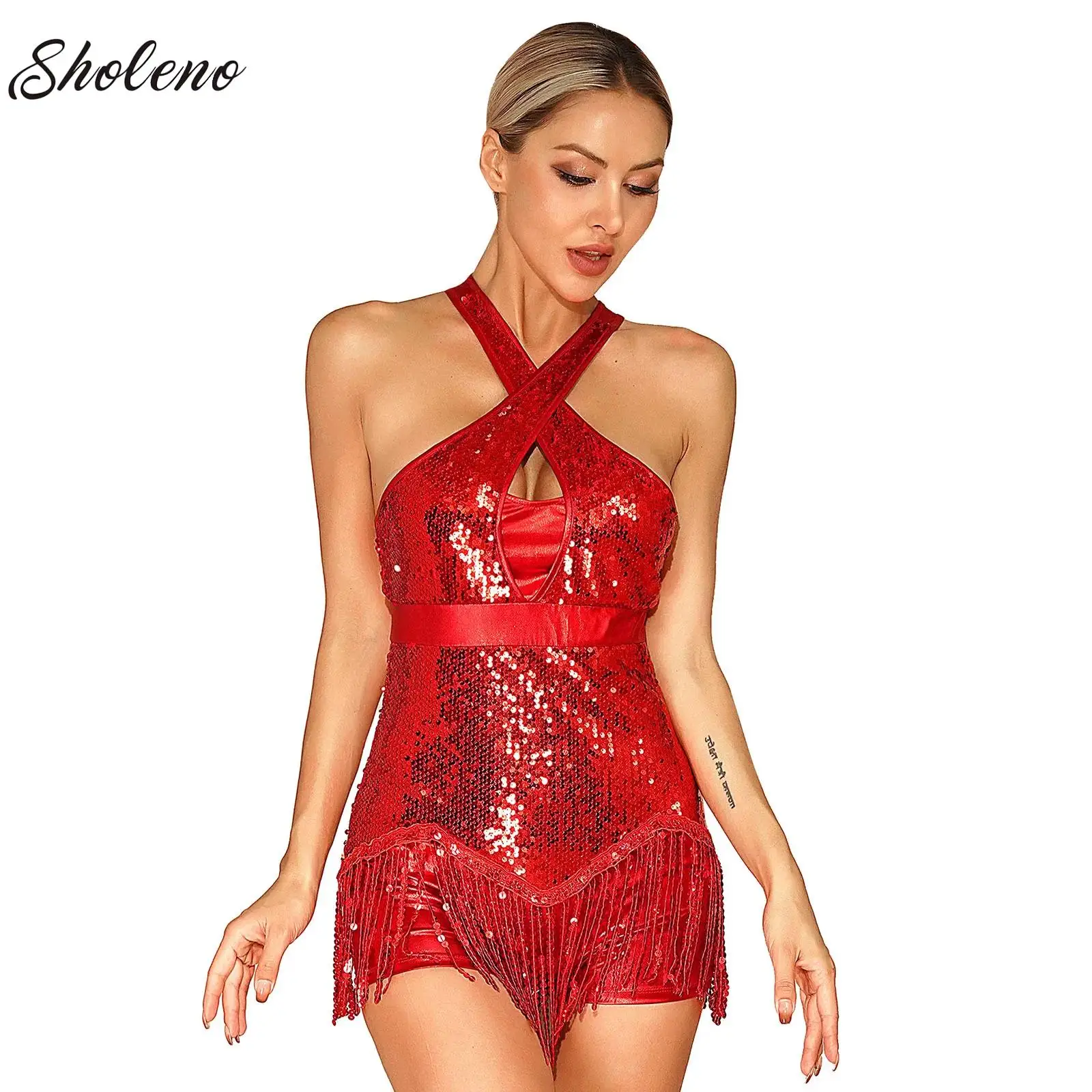 

Women Shiny Sequins Latin Cha-Cha Jazz Tango Salsa Dance Tassel Leotard Bodysuit Dress Modern Dance Dress Performance Costume
