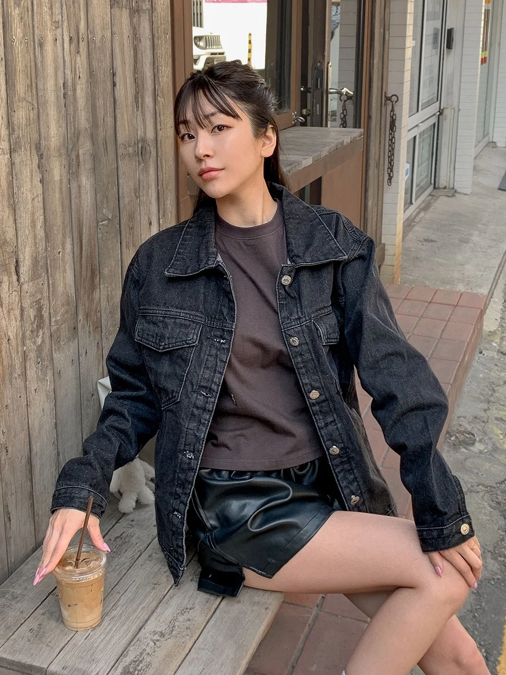 

Retro Hong Kong Sle Women's Denim Jaet Autumn Faion Design Loose Versatile Boyfriend Sle Top Turn-down Collar Outerwear
