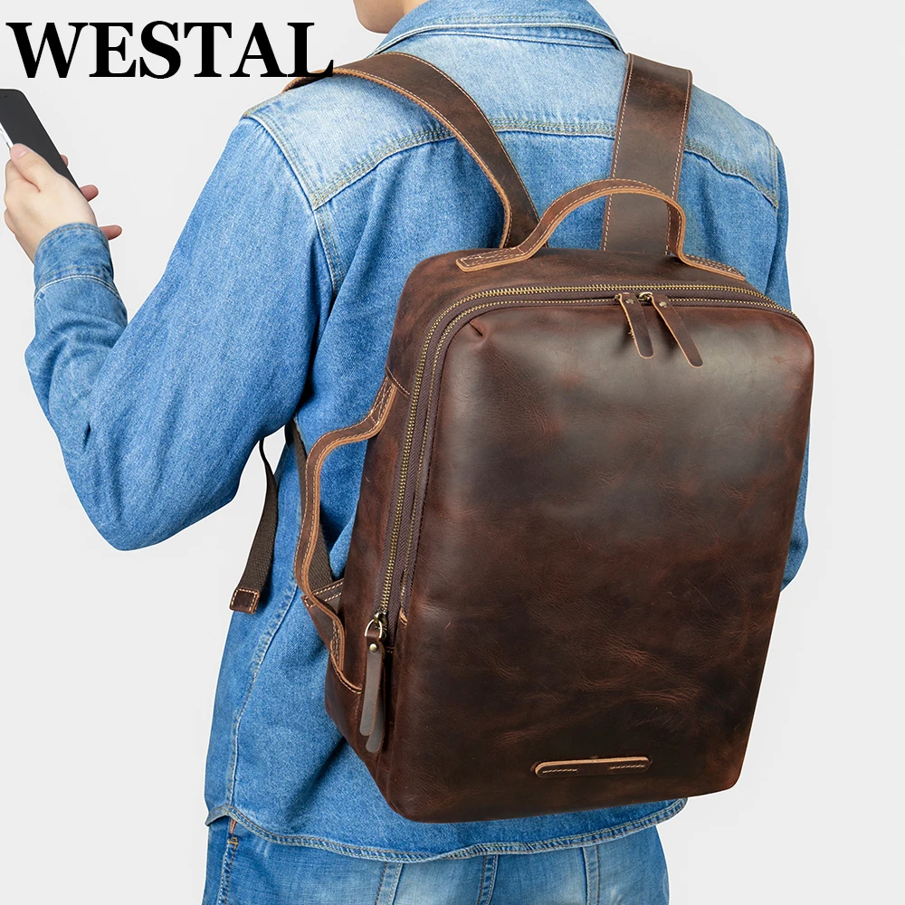 WESTAL Men\'s Anti-theft Backpack Crazy Horse Leather Laptop Bag 15 Inch Executive Briefcase Back Pack Rucksack Handbags 2275