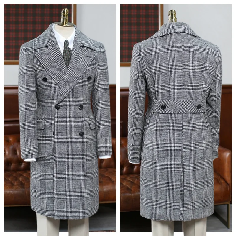 

Black White Herringbone Pattern Men's Long Suit Classic Plaid Double-breasted Jacket Thick Winter Wool Long Coat Formal Blazer