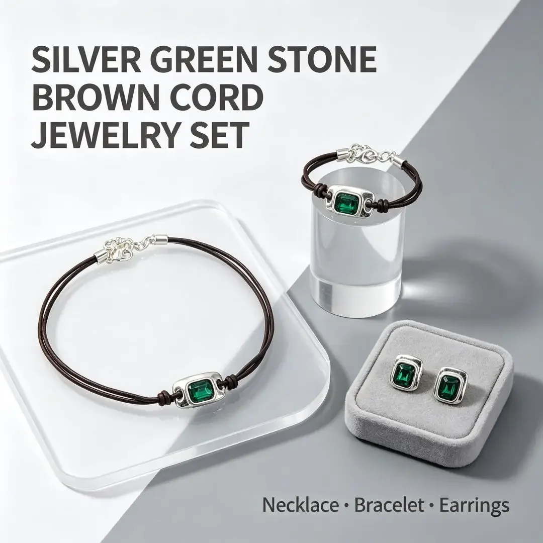 2026 Spain Fresh and Dazzling Gold Silver Green Zircon Leather Rope Jewelry Three Piece Romantic Gift Set