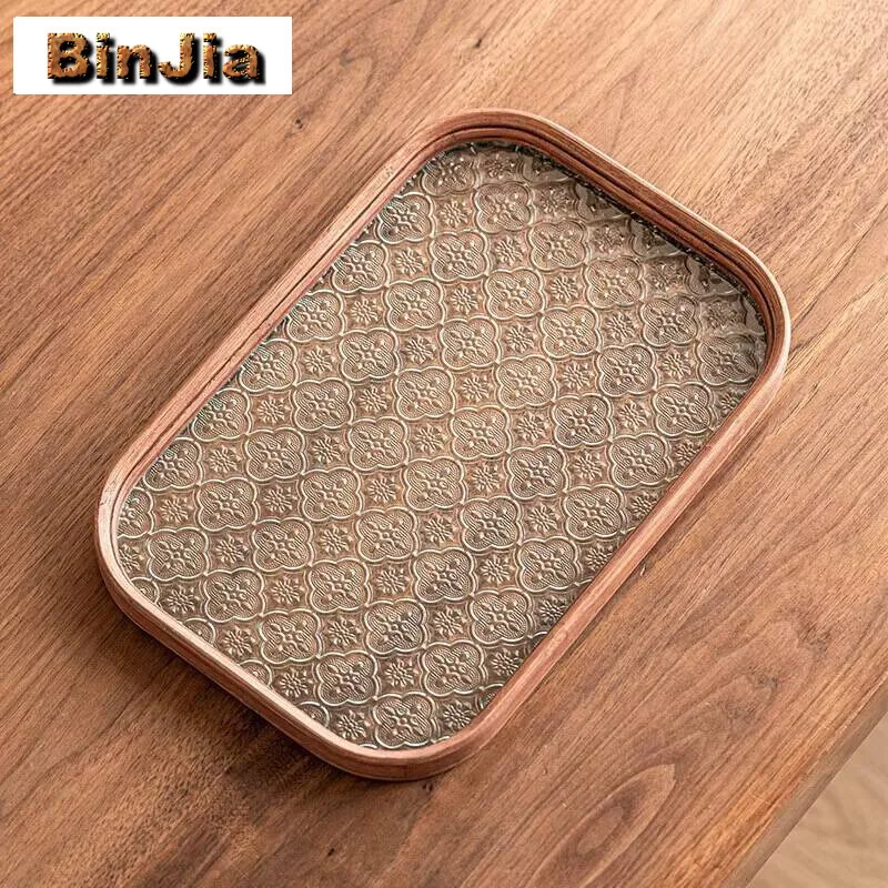 

Simple Bamboo Wood Glass Tray Dry Brew Tea Household Chinese Retro Pastry Fruit Plate Pot Bearer Gongfu Service