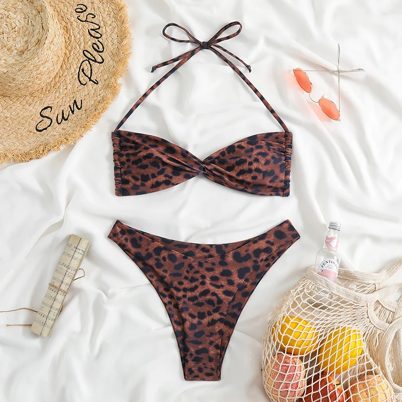 

Комплект бикини с леопардовым принтом, женский сексуальный купальник на шнуровке с треугольными стрингами и высоким вырезом, разделенный купальник из двух предметов, новинка 2025, пляжная одежда, бикини