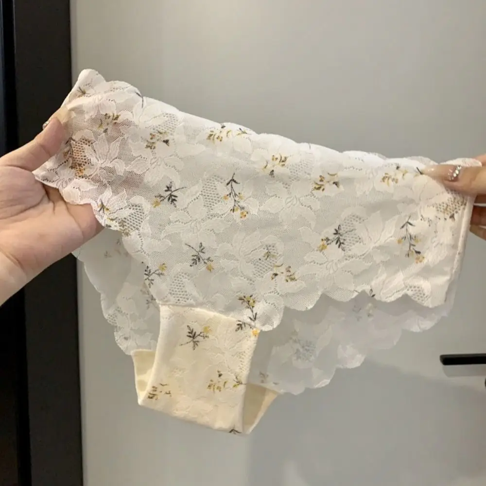 Culotte florale en dentelle sans lueur pour femme, sous-vêtement confortable, slip évidé, maille sans couture, entrejambe en coton, caleçon pour fille