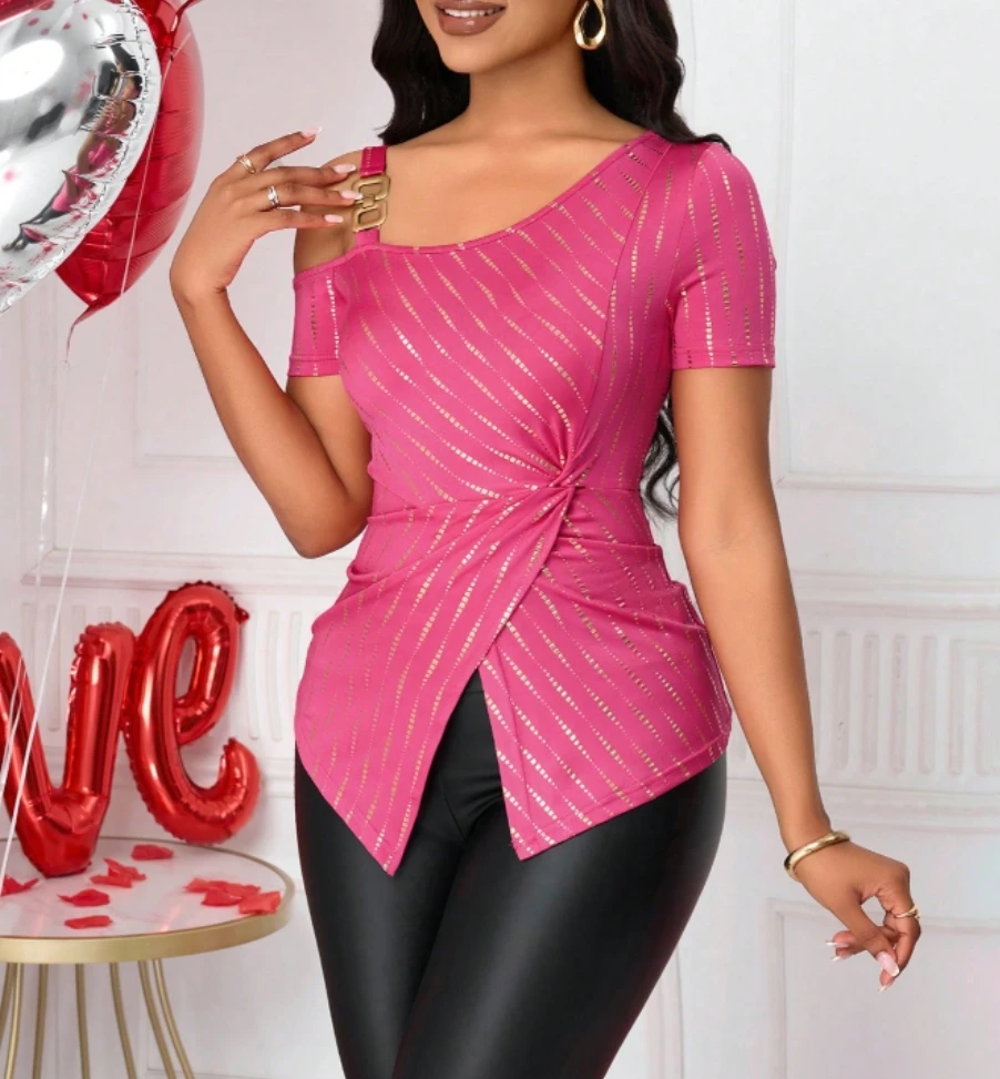 Asymmetrical Cold Shoulder Pink Top Women Gold Stripe Twisted Split Hem Short Sleeve Party Club Slim Fit Casual Blouse