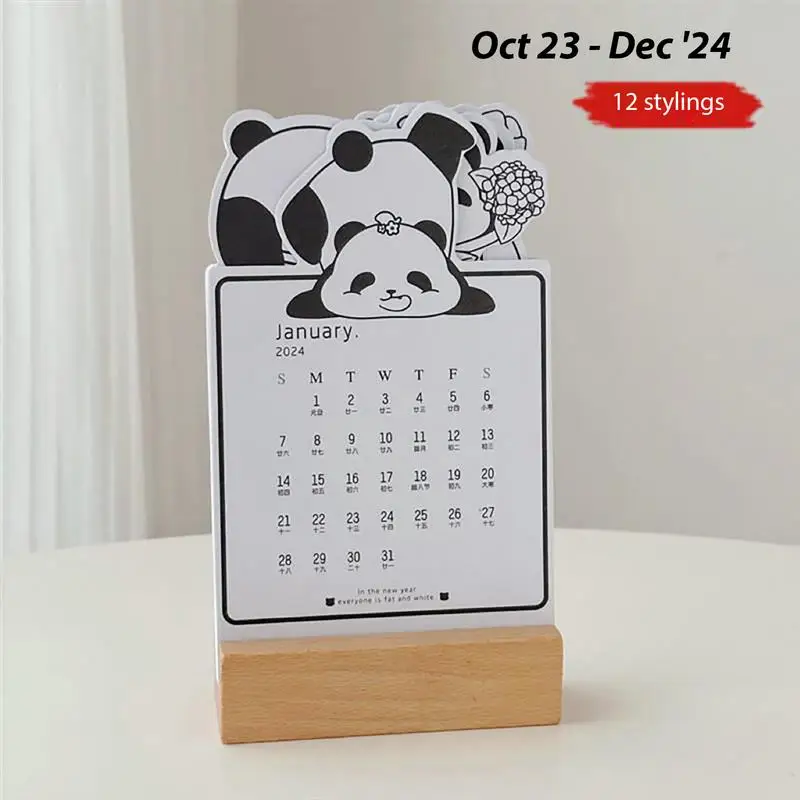 2024 12 Month Animal Calendar Panda Monthly Removable Desk Calendar Portable Table Calendar With Wooden Base For Planning To-Do