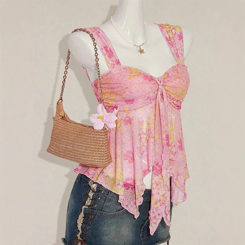

2026 Summer Women Y2K Coquette Beach Floral Mesh Print Front Tie Ruched Asymmetric Ruffle Hem Sweetheart Wide Strap Tank Top