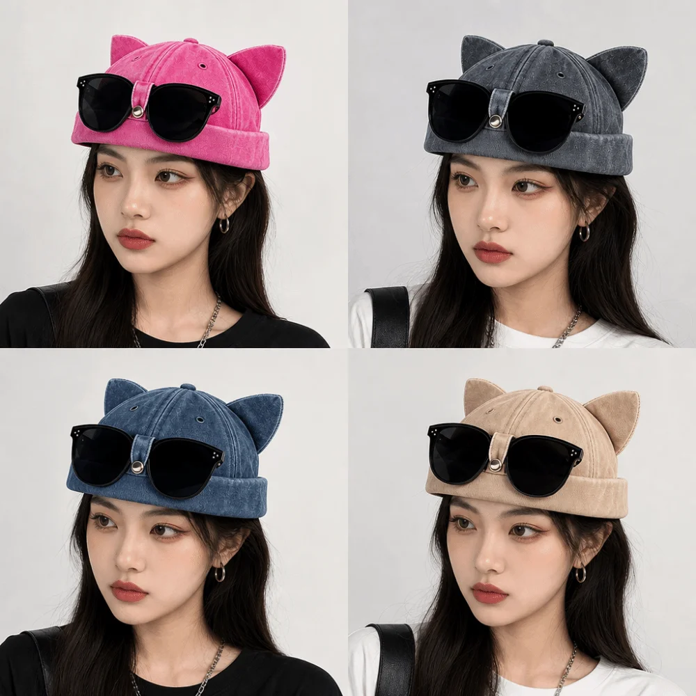 Simple Cat Ears Brimless Hat with Sunglasses Sweet Breathable Dome Melon Cap Cute Unisex Solid Color Docker Hat Camping