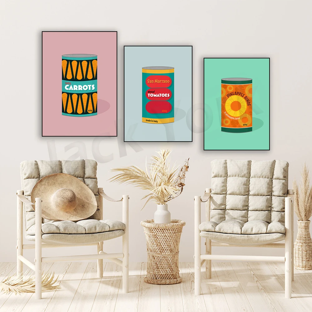 Tinned pineapple rings, Tinned baby carrots, Tinned tomatoes, retro midcentury 1960s print/poster classic scandi - food print -