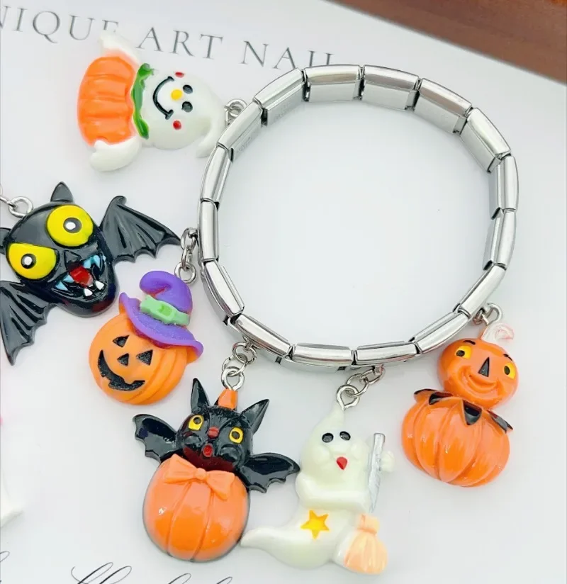 2024 New Halloween Themed Resin 3D Elastic Italian Charm Links Fit 9mm Modular Stainless Steel Modular Bracelet Making Jewelry