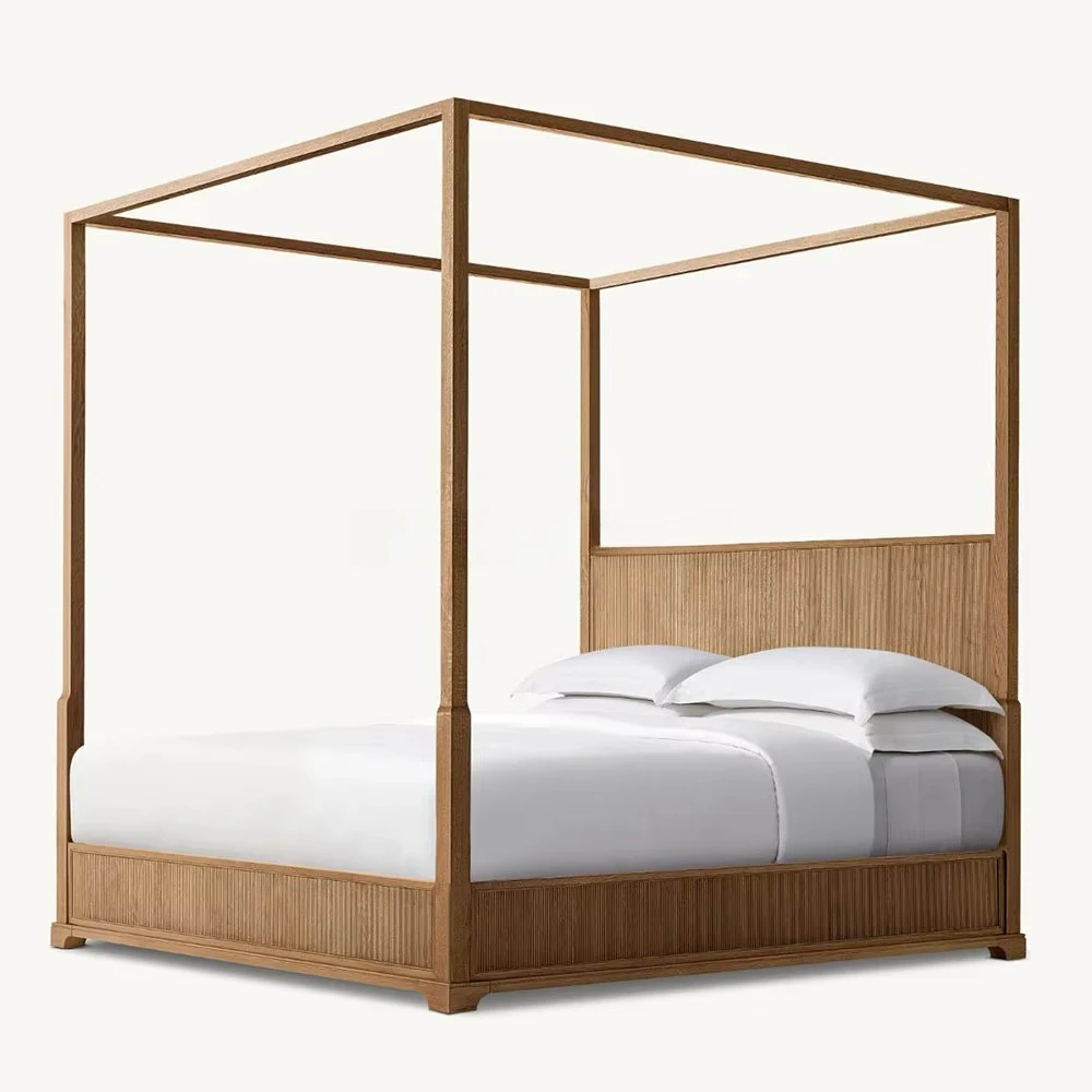 Modern Solid Oak Wood Frame Reeded Canopy Wall Four Poster Bed Queen King Size Durable & Comfortable