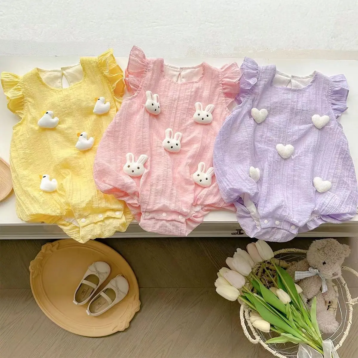 Summer Baby Girl Jumpsuit with Flying Sleeves and Triangular Pants Cute and Sweet Newborn Baby Girls' Onesie