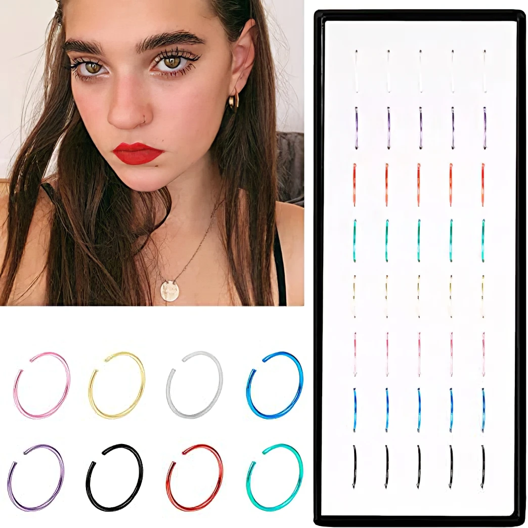 40/60PC Stainless Steel Straight L Nose Stud for Women Nose Ring Set 1.8MM Fashion Crystal Aro Nariz Nase Pircing Body Jewelry