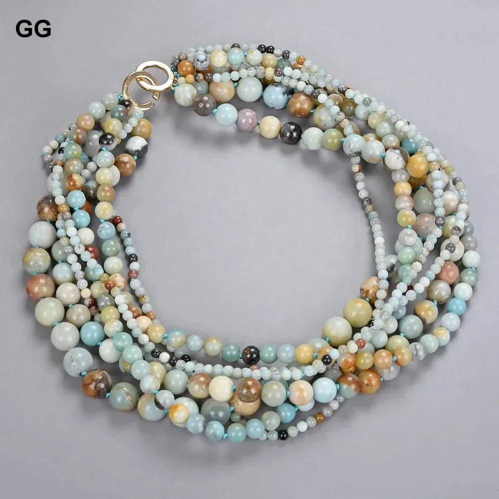 

Jewelry 7 Strands Natural Round Multi Color Amazonite Torsade Necklace For Women