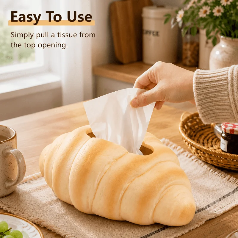 Cute Bread Shape Tissue Box Cover, Croissant Toast Simulation Napkin Holder, Resin Decorative Tissue Box for Home Kitchen