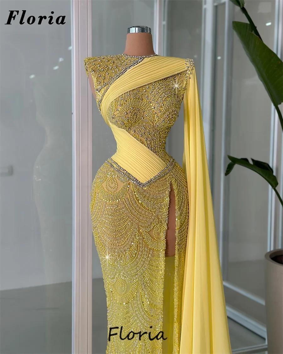 Vestidos De Noche One Shoulder Celebirty Dresses Formal Beading Yellow Mermaid Evening Dresses Customized Wedding Party Gowns