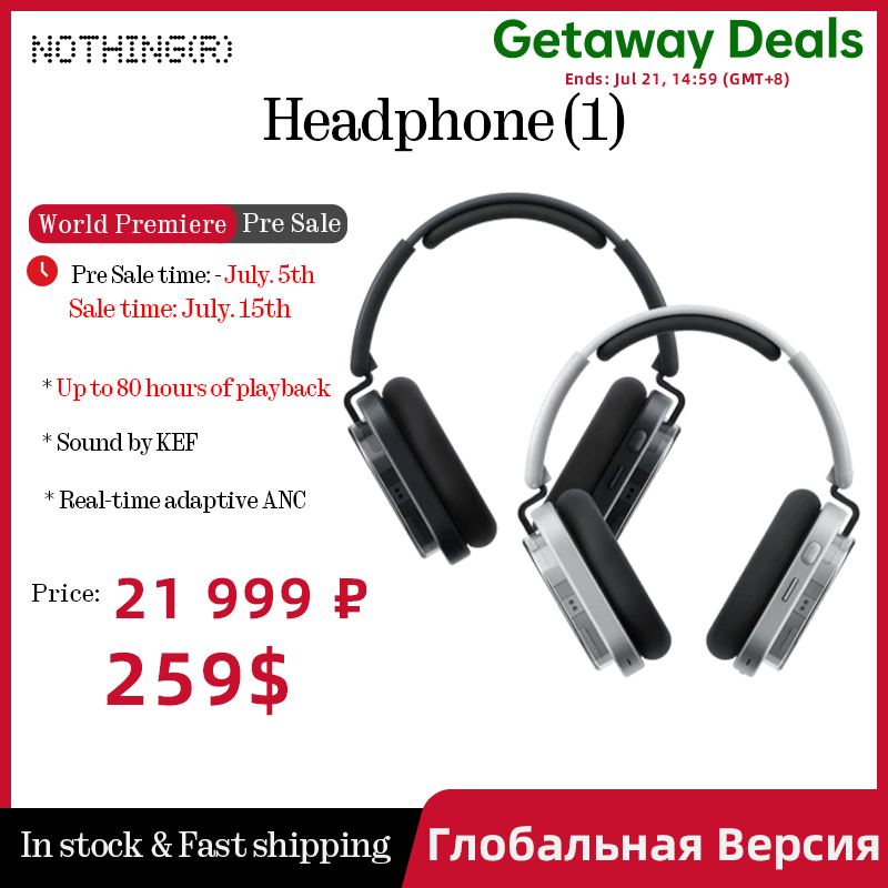 Global Version Nothing Headphone (1) Up to 80 hours of playback Sound by KEF Real-time adaptive ANC