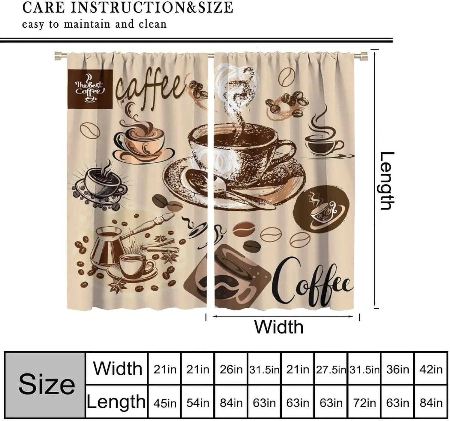 Vintage Beige Background Coffee Tool Sketch Print Blackout Rod Pocket Curtain Warm Soft Zen Luxury Homestay Bedroom Rest Window