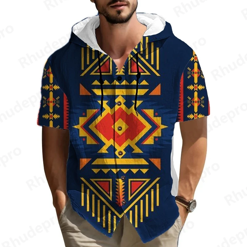 

Summer 2025 Men's Short Sleeved Shirt National Style Hooded Casual Printed Shirt Mens Clothing Camisas Para Hombre Hemd Herren