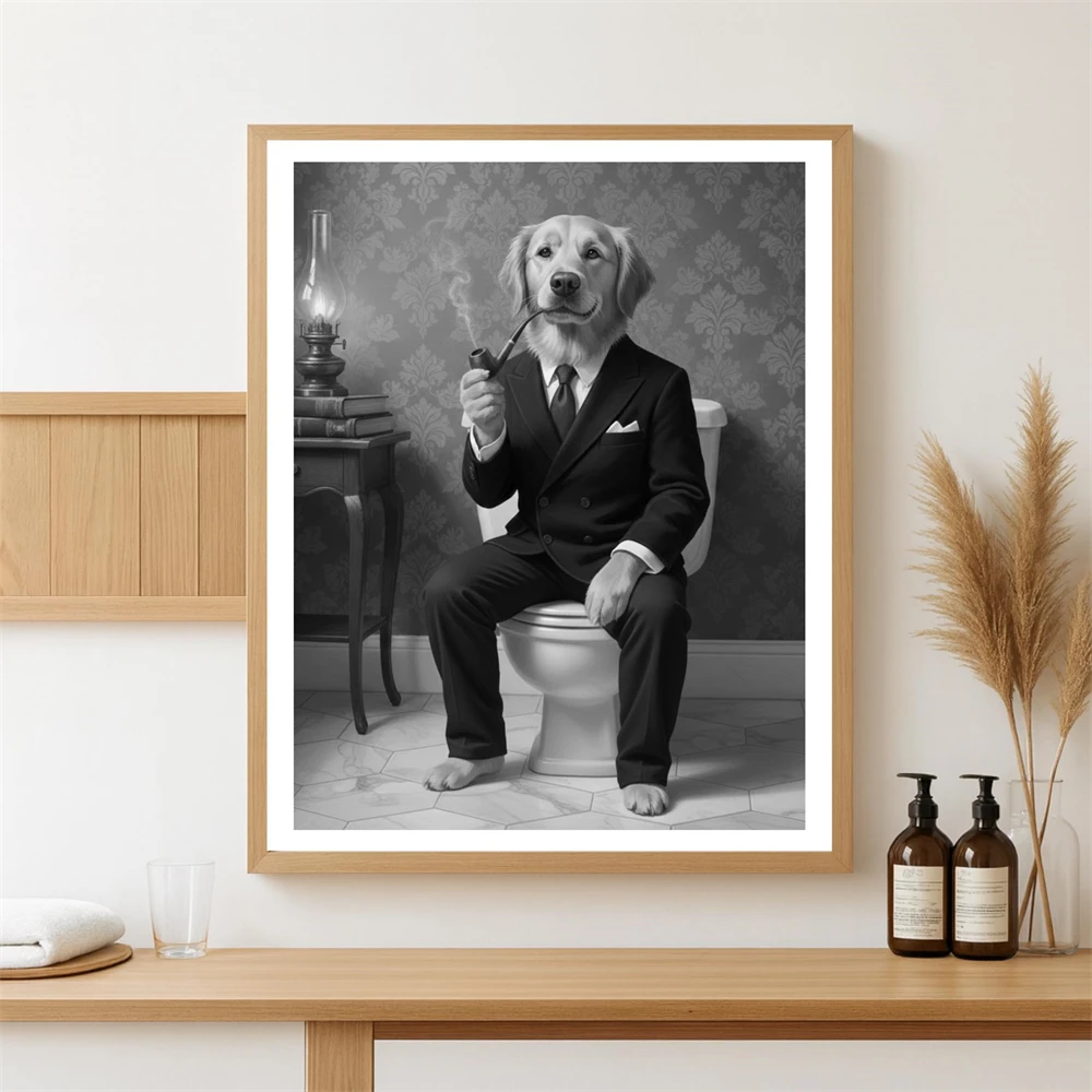 Funny Dog ​​Portraits Poster Pet Bathroom Posters Print Black And White Dog Wall Decor Wearing Towels And Bathrobes Canvas Print