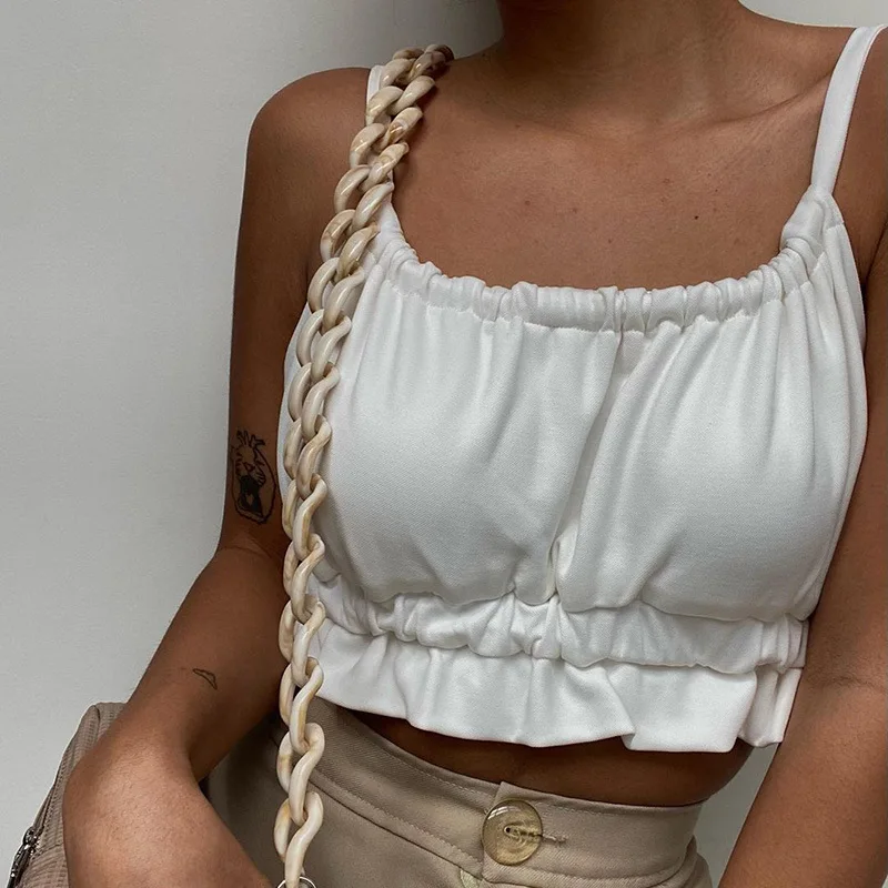 Ultra Short Y2K Spaghetti Belt U-neck Pleated Top for Women  Summer Sexy Halter Bandage White Camisole Streetwear cute tops