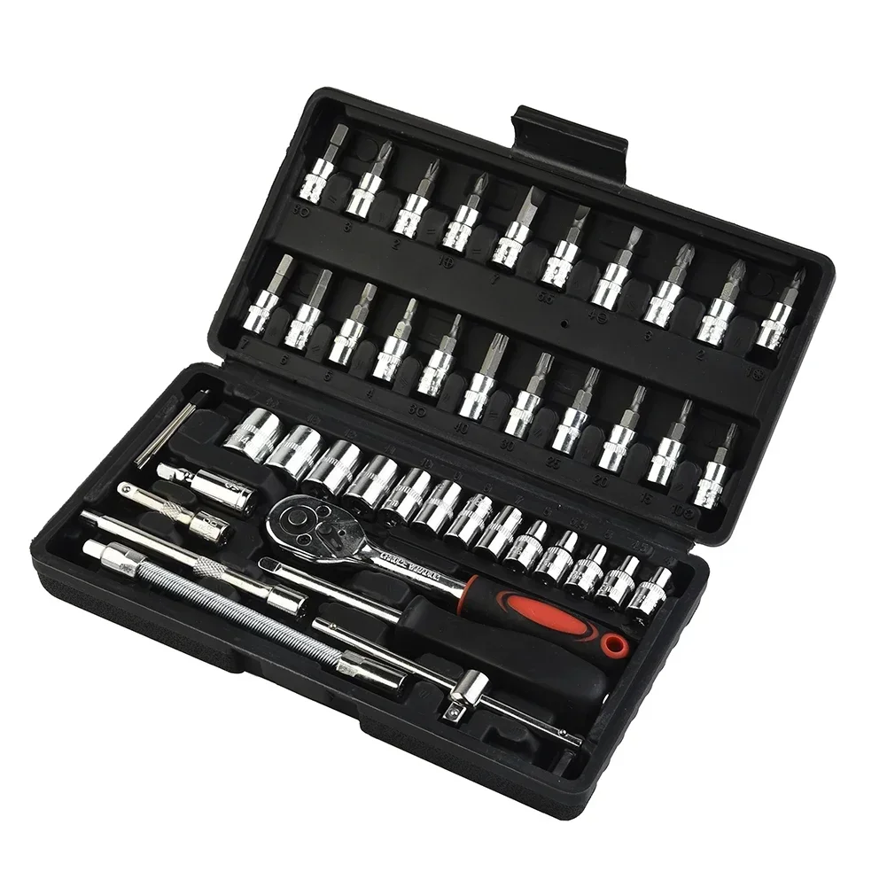 46pcs/set Wrench Socket Screwdriver 1/4 "auto Repair Tool Ratchet Wrench Socket Kit With Plastic Storage Case