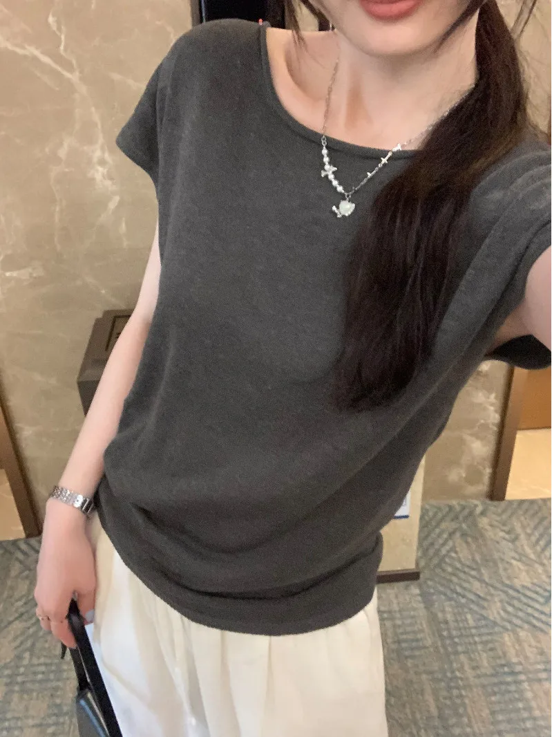 Summer New Oats Apricot Cuffed Shoulder Knitted Short Sleeve T-Shirt Women Lazy Style Thin Shoulder Exposure Knitted Top