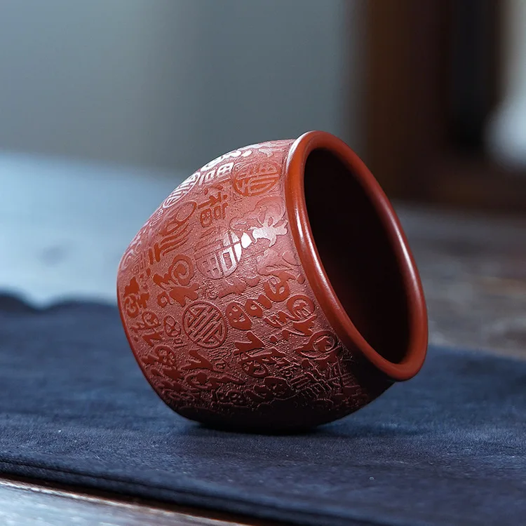 1pcs 180ml Yixing Zisha Handmade Carved Hundred Blessings Teacup Large Clay Cup Original Ore Ceramic Tea Tasting Cup For Gongfu