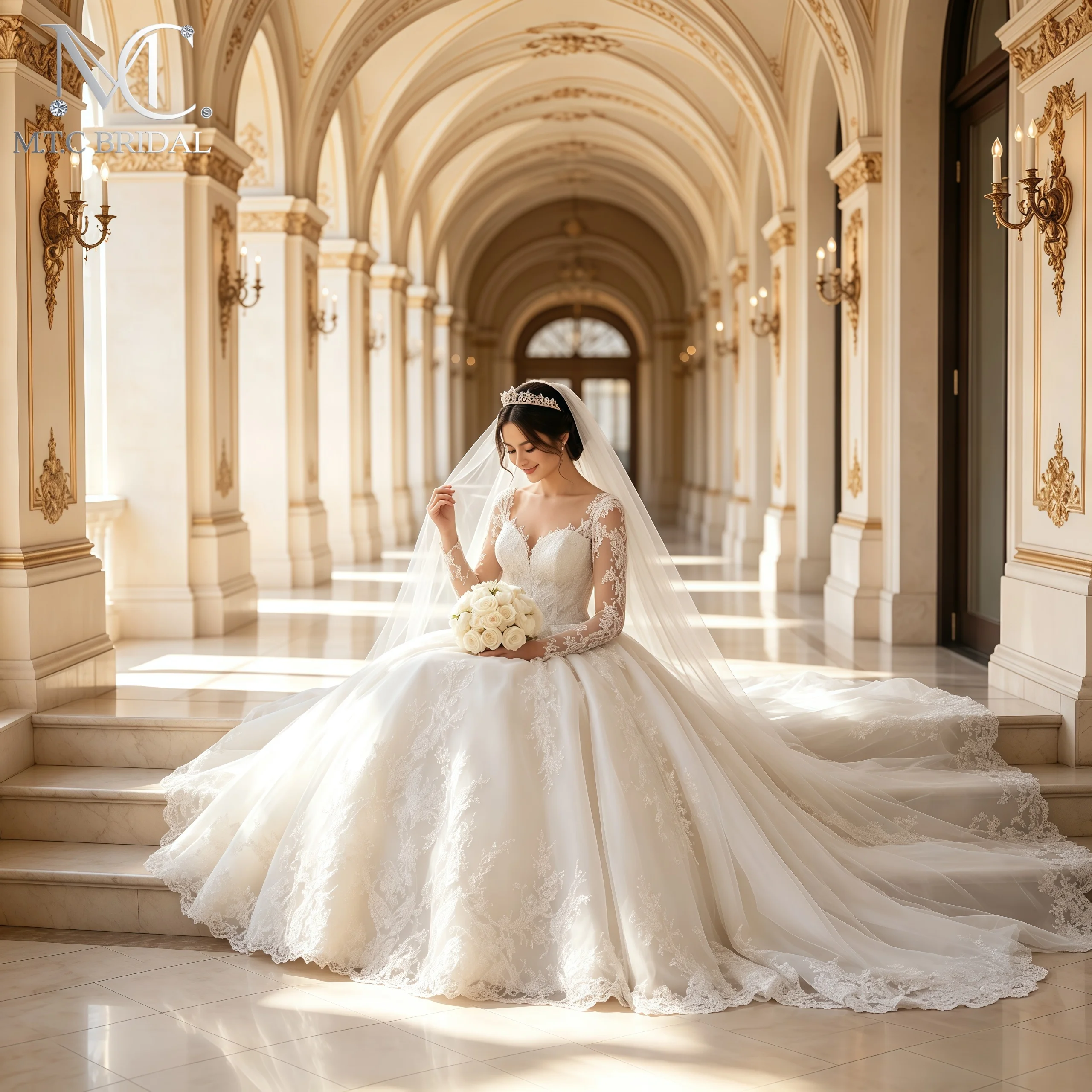 Luxury Long Train Tulle Lace Wedding Dress Full Sleeves Low Back High Quality Bridal Gowns For Wedding Robe De Mariee Plus Size