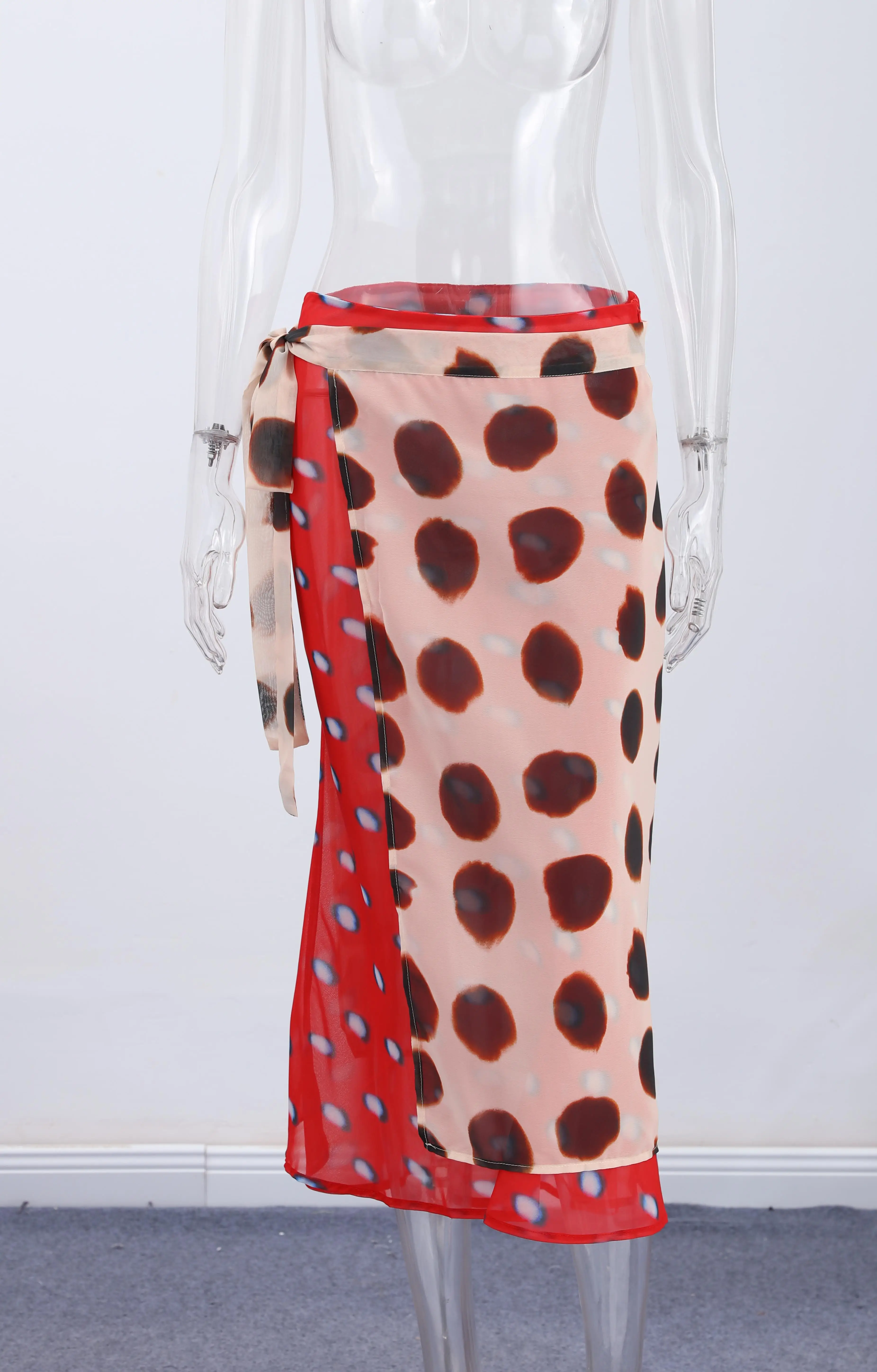 Two Tone Polka Dot Chiffon Wrap Skirt Women Tie Waist Asymmetric Hem Layered Midi Skirt For Summer Beach Vacation Casual Wear