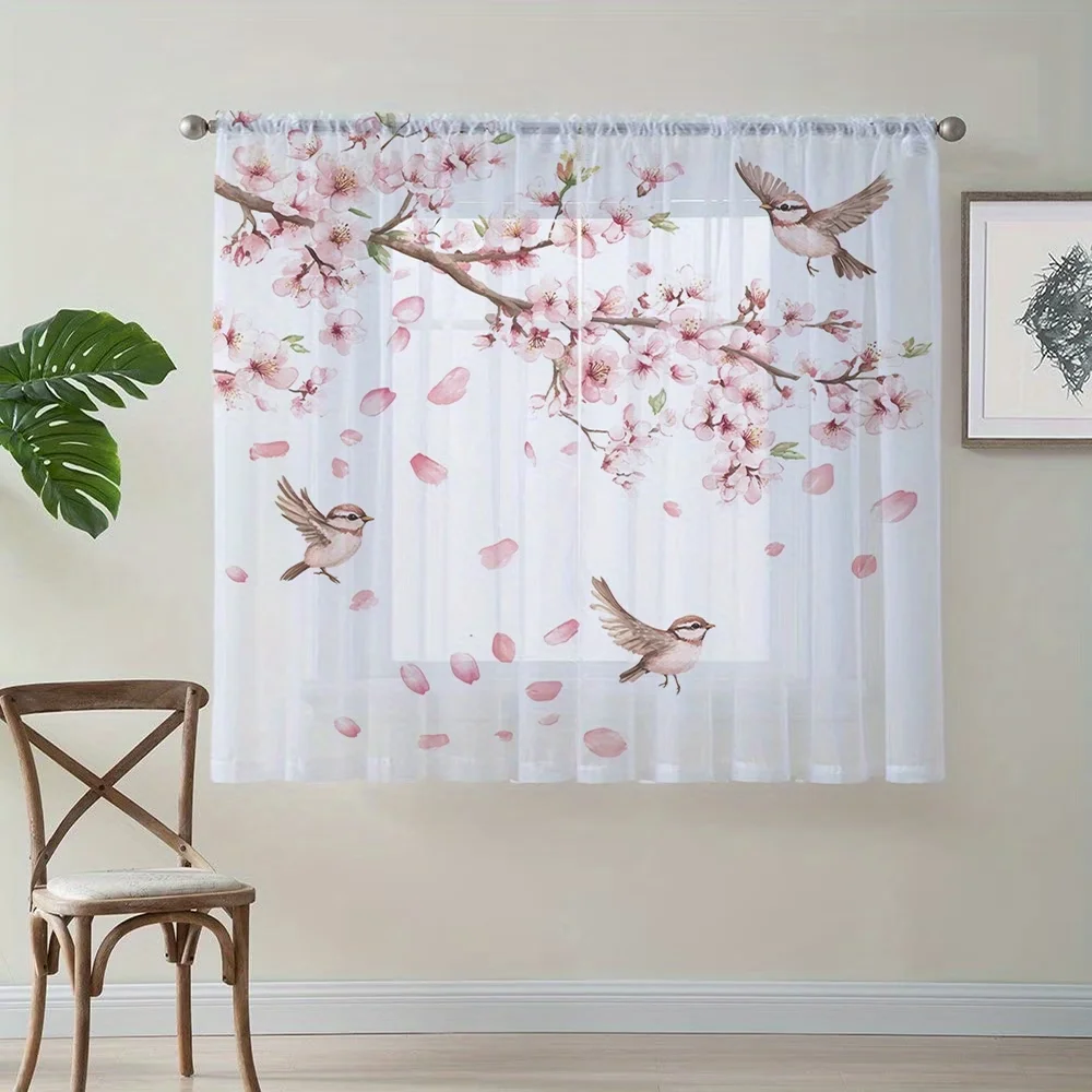 2PCS Digital Printed Sheer Curtain, Sparrow Birds With Flowers, Whimsical Nature Garden for Living Room Bedroom Home Decor