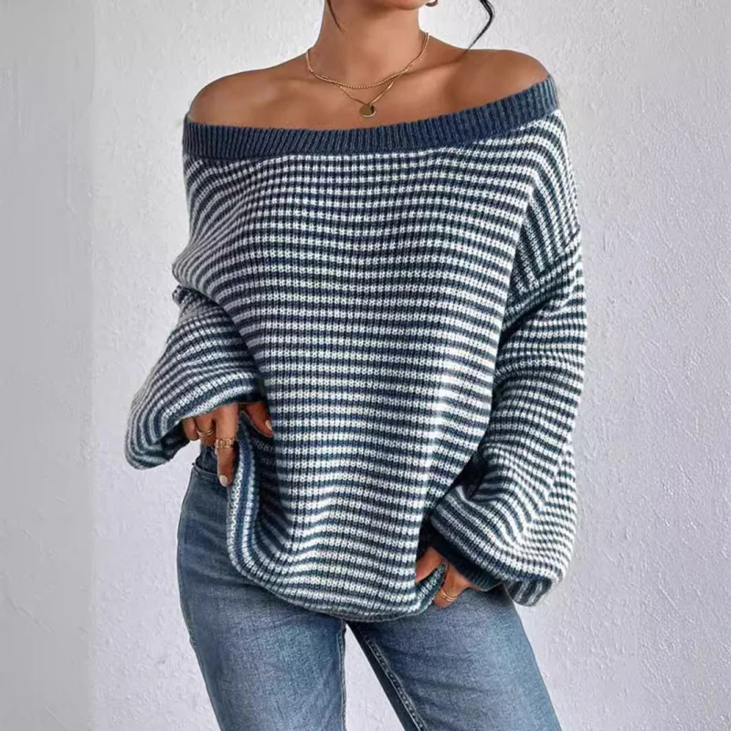 

Off-Shoulder Striped Knit Sweater with One-Shoulder Collar, Drop Shoulder Sleeves, Lazy Fashion, Versatile Pullover Sweater