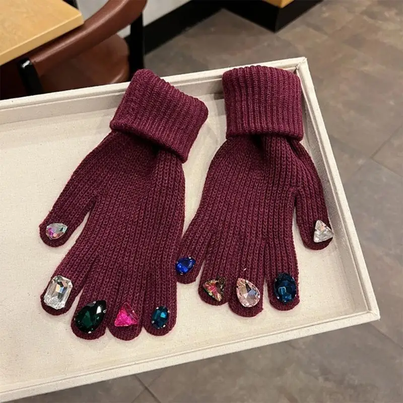 39BD Touchscreen-Strickhandschuhe für Damen, Strass-Handschuhe, französische Luxus-Vollfingerhandschuhe – Detail 7