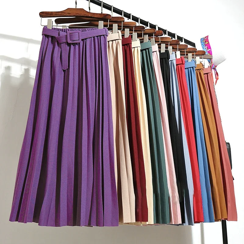 

Metallic A-line Simple Long Pleated Skirt with Belt Elastic Waist Waistband All-match Drape Mid-calf Long Skirt