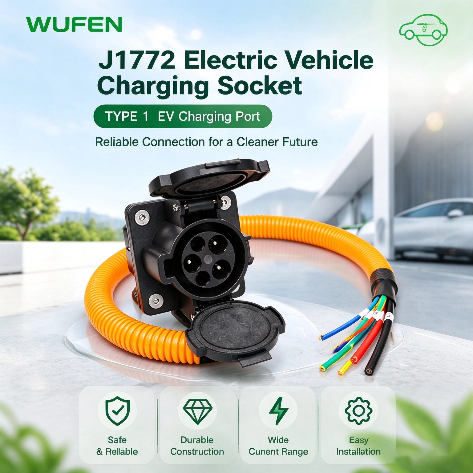 WUFEN J1772 Socket with 0.5m Cable Type 1 EV Charging Interface 16/32/40/50/80A 110V~250V Electric Vehicle Charging Connector