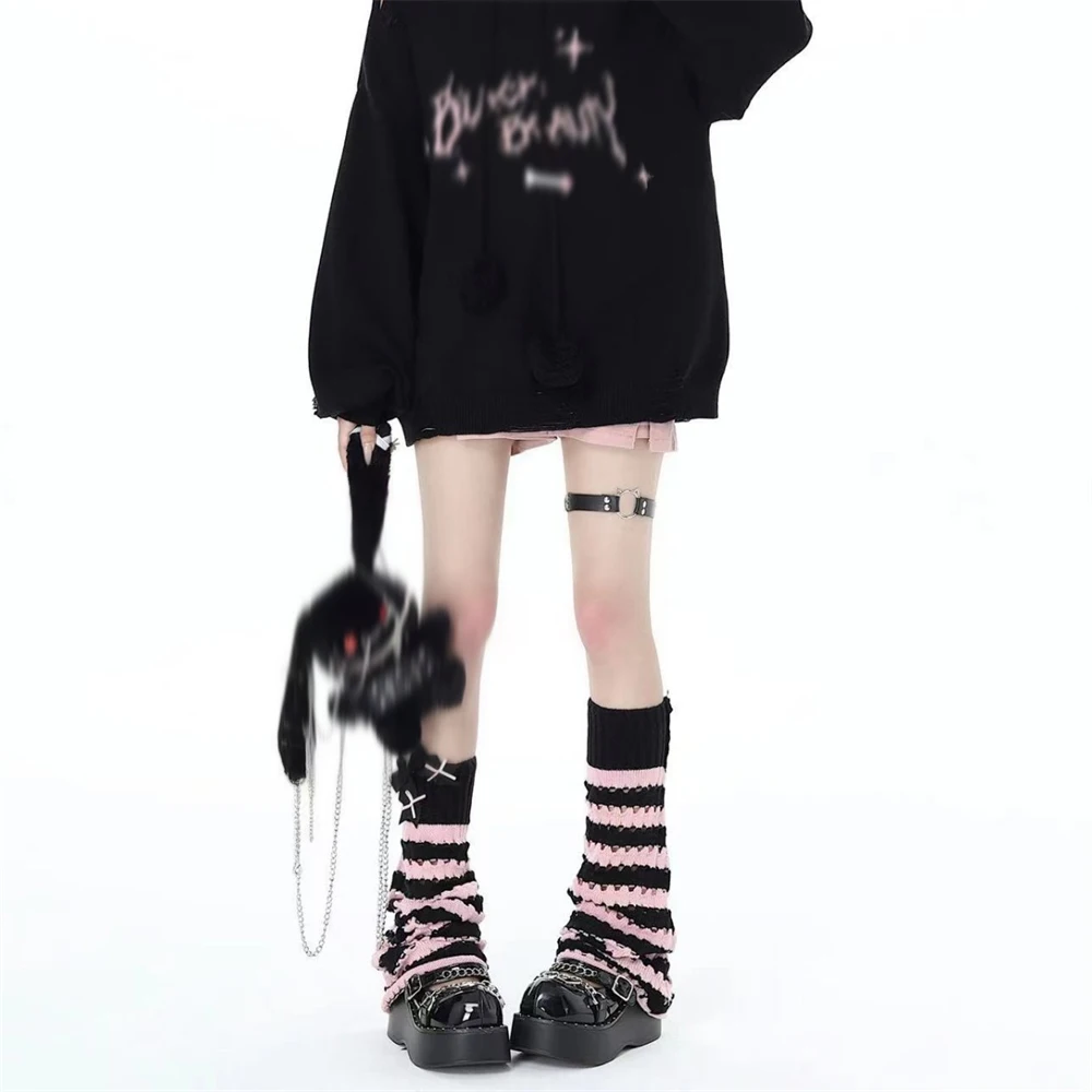 Autumn Winter Black Pink Striped Hollow Pile Socks Sweet Cool JK Leg Warmers Japanese Soft Girls Knitted Lolita Calf Foot Covers